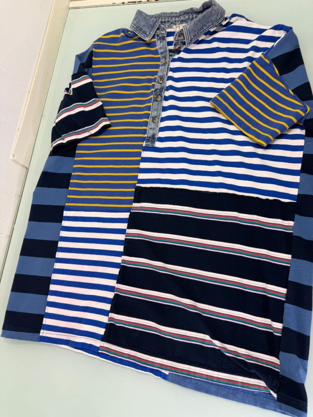 Patchwork Artsy Polo Shirt Mens Small S Cotton Stretch Short Sleeve
